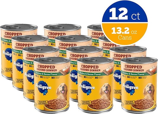 Pedigree Chopped Ground Dinner Adult Soft Wet Dog Food Turkey & Bacon Dinner, Canned Dog Food, 13.2 oz. Cans, 12 Count
