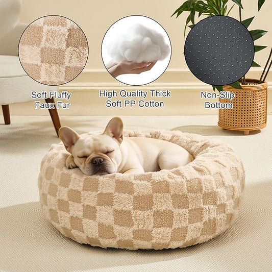 Dog Calming Beds for Small Medium Large Dogs - Round Donut Washable Puppy Dog Bed, Anti-Slip Faux Fur Fluffy Donut Cuddle Anxiety Cat Pet Bed (32" Grid)