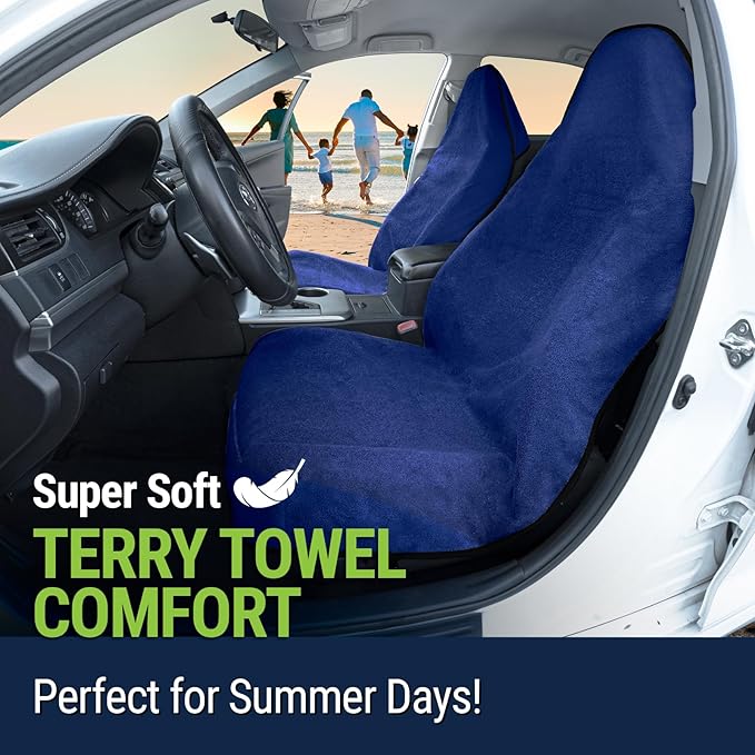 Season Guard Terry Cloth Sweat Towel Seat Cover; Carseat Towel Protector; Great for Gym Workout; Waterproof; Universal Fit for Car SUV Van Truck; EZ fit; Non Slip Grip; Machine Washable; 2pc Blue
