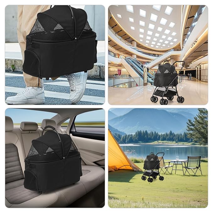 Pet Stroller Quickly Folds for Easy Storage Cat Stroller with Detachable Carrier Thickened Oxford Cloth Breathable Basket Dog Strollers for Small Dogs (Black)