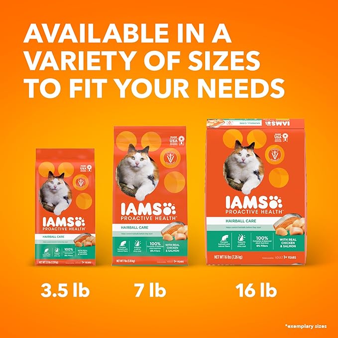 IAMS Proactive Health Dry Cat Food Hairball Care, Adult Cat Food, with Real Chicken and Salmon, 16 lb. Bag