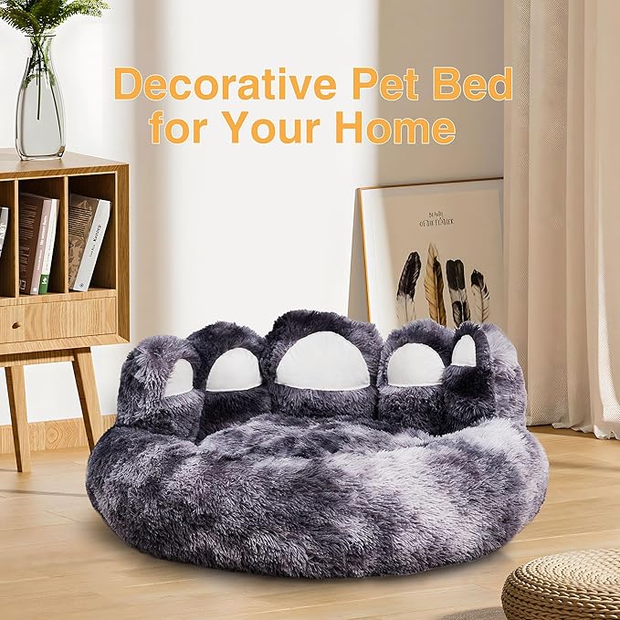 Cute Dog Bed, Fluffy Cozy Bear Paw Shape Plush Round Cat Bed for Small, Medium Dogs & Large Cats,Comfortable Sleeping Puppy Cushion, Ideal for Indoor Use(Black&Gray,26inch