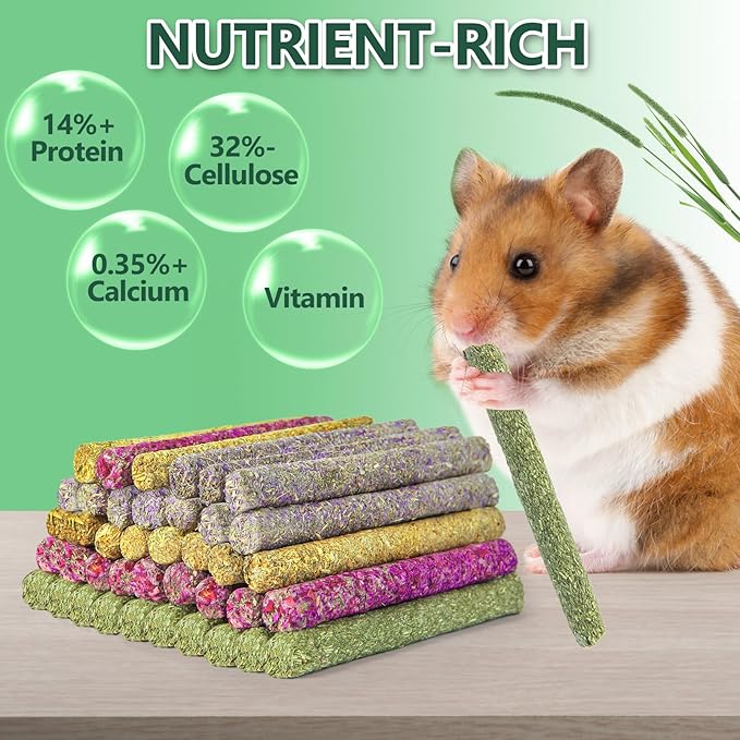 YIXUND 40-Pack Rabbit & Small Rodent Chew Sticks - Lavender, Timothy, Calendula, Rose - Dental Care & Boredom Relief