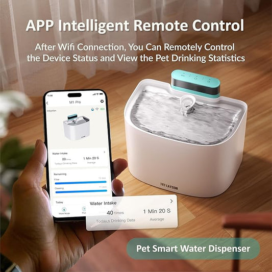 PET LAYSON Pumpless Cat Water Fountain,App Remote Control Smart Cordless Battery Operated 3.6L/122oz Wireless 2.4GHz Wi-Fi Networks Rechargeable Water Dispenser (Pink, M1Pro-8 Filter)