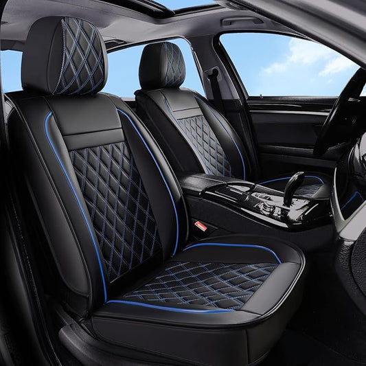Huidasource Seat Covers Full Set, Nappa Leather Seat Cover, Hollowed-Out Side Compatible with Airbags Child Seat, Velcro Adjustable Universal Fit for Most Cars Vans Trucks SUVs (Full Set/Black&Blue)