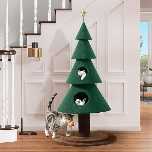 YITAHOME 60 in Christmas Cat Tree for Indoor Cats, Tall Cat Tower Furniture with 2 Large Condos, 5ft Christmas Tree Party Decoration with Cat House and Beds