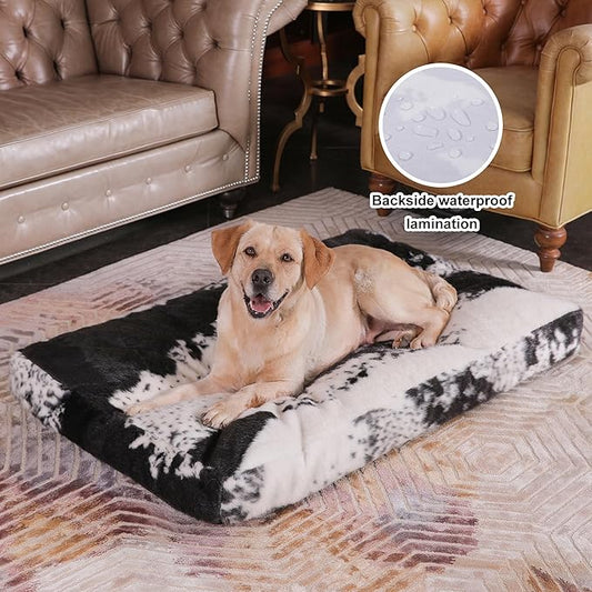 Bedfolks Waterproof Kennel Pad,Plush Dog Crate Bed with Removable, Washable Faux Fur Cover for Extra Large Dogs, Fluffy - 41"x27", Black-White Cowhide
