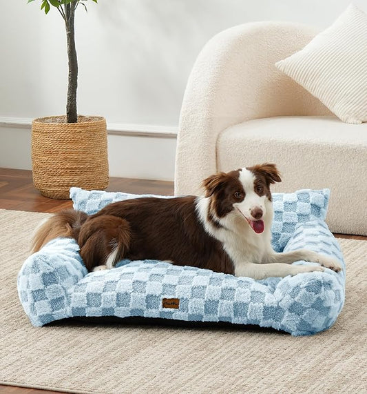 Made4Pets Dog Couch Bed, Soft Faux Fur Checkered Indoor Pet Sofa, Comfortable Fluffy Dog Sofa with Supportive Foam, Removable Washable Cover with Non-Slip Base, Sky Blue, Large
