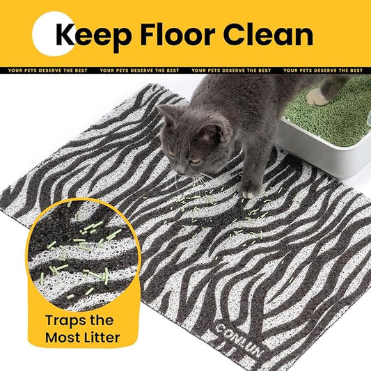 Conlun Cat Litter Mat Litter Trapping Mat, Premium Durable PVC Cute Cat Litter Box Mat, Non-Slip, Less Waste Kitty Litter Mat, Soft on Kitty’s Paws, 24”x 17” cat matts for litter, Zebra Stripe