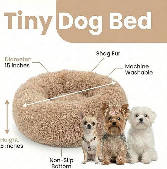 Tiny Dog Bed 15 Inch for Extra Small Dogs,Washable Puppy Bed,Soft Faux Fur Calming Donut Bed for Chihuahua Yorkie Maltese Pomeranian,Brown