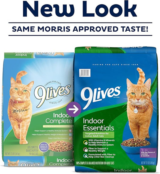 9Lives Indoor Essentials Dry Cat Food for Adult Cats with Chicken & Salmon Flavors, 3.15 lb. Bag (Pack of 4)