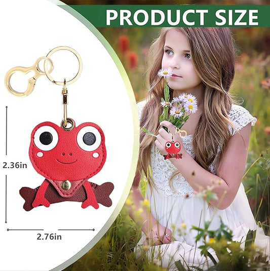 Leather Keychain Holder Case Compatible with AirTag,Cute Protective Cover with Keyring,Anti-Scratch Finder GPS Tracker Case for Wallet Keys,bag,pets,Backpack(Frog Red)