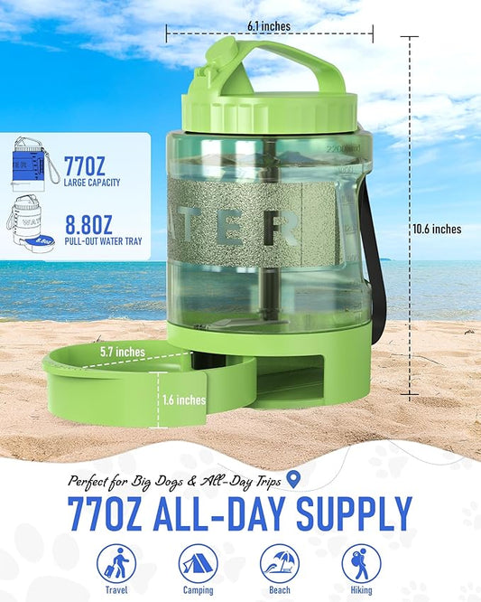 Portable Dog Travel Water Bottle, 77oz Large Portable Dog Water Bowl Dispenser, Leakproof Pet Drinking Bottle Dispenser for Hiking Camping Walking Travelling Beach Car Trips, No Spill, BPA Free,Green