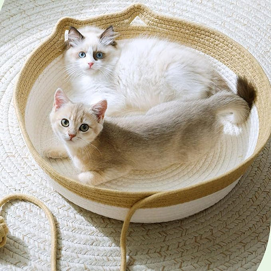 Handwoven Cat Bed, Cotton Rope Cat Basket Comfy Cat House for Summer and All Seasons, M Litter Basket with Unique Design, Easily Washed, Multifunctional Pet Supplies