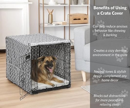 MidWest Homes for Pets Dog Crate Cover with Teflon Fabric Protector, Poly-Cotton Privacy Kennel Cover Fits Most 36-Inch Crates, Gray Designer Print, Washable, Reduces Barking