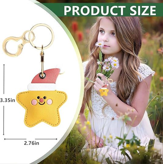 Leather Keychain Holder Case Compatible with AirTag,Cute Protective Cover with Keyring,Anti-Scratch Finder GPS Tracker Case for Wallet Keys,bag,pets,Backpack(Star)