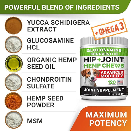 Advanced Hemp + Glucosamine Dog Joint Supplement - Hip Joint Pain Relief - Mobility Chews for Dogs - Chondroitin, MSM, Omega - Made in USA - Lamb Flavor - 120 Hemp Treats