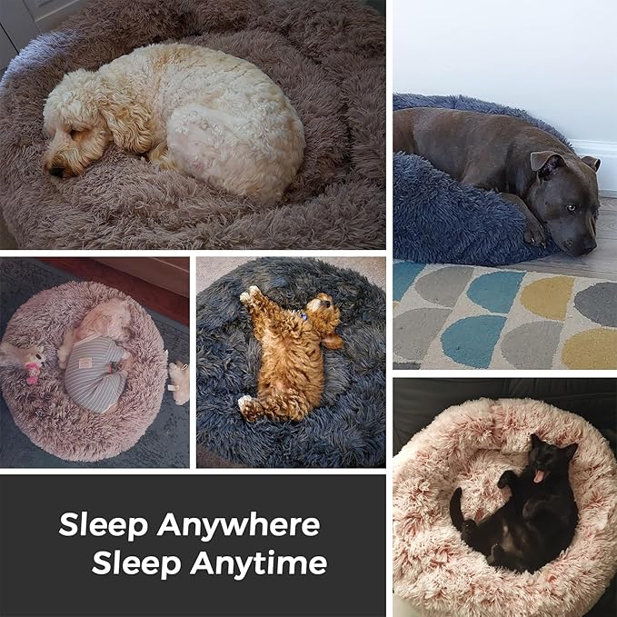 Calming Dog Bed & Cat Bed with Anti-Slip Bottom, Medium Size Washable Anti-Anxiety Donut Dog Beds for Small Dogs & Cats, Fluffy Plush Cozy Round Dogs Bed(24 Inch, Black)