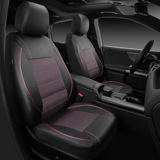 CAR PASS Piping PU Leather Car Seat Cover Full Set,Inside Zipper Design and Reserved Opening Holes,Airbag Compatible,Universal FIT for Car, SUVs,Van,Trucks(Full Set, Black & Pink)