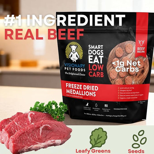 Visionary Pet Foods Freeze Dried Raw Dog Food, Topper & Meal Mixer – Real Beef | KetoPet Research Formula | Less Than 1g Net Carbs | Ketogenic | Grain Free High Protein | Made in USA | 25oz