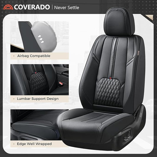 Coverado Front Seat Covers, 2-Pack Luxury Leather Seat Cover with Lumbar Support, Black Seat Covers for Cars, Waterproof Car Seat Protectors, Driver Car Seat Cushions Universal Fit for Most Vehicles