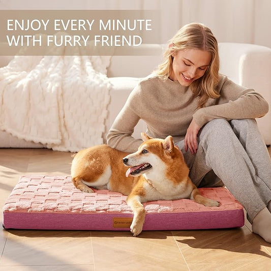 Patas Lague Orthopedic XL Dog Bed Large Sized Dog 42''X28'', Waterproof Soft Comfortable Egg Crate Foam Large Pet Beds Crate Mat with Removable Washable Cover and Nonskid Bottom, Pink