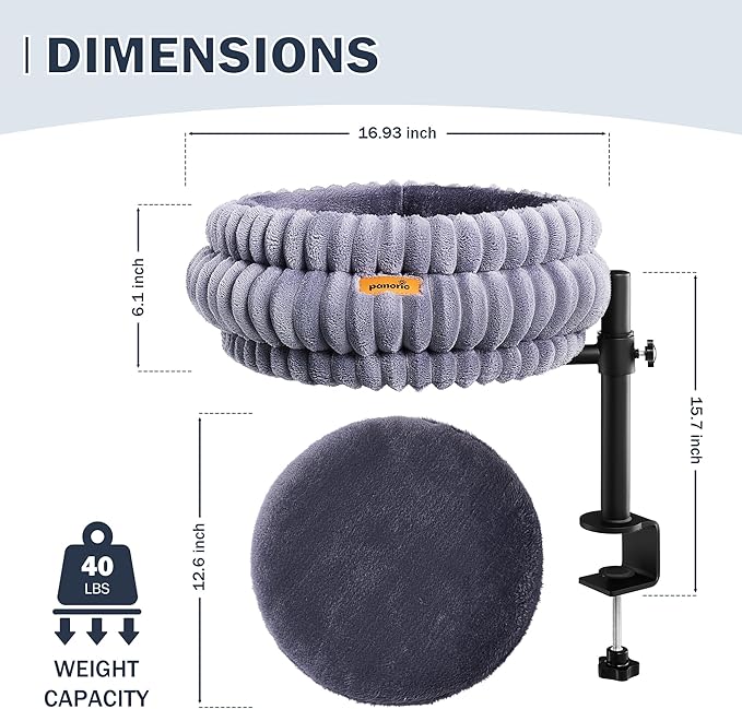 Cat Desk Bed, Desk-Mounted Cat's Perch with 360° Rotation & Adjustable Height, Supports Up to 40LBS, Desktop/Flat Surface Use, Cozy Elevated Kitten Hammock/Nest for Indoor Cats & Home Office