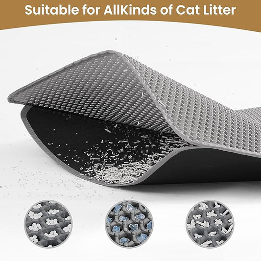 Cat Litter Mat 30x24 Inches, Honeycomb Double Layer Traps Litter & Waterproof Leatherette Bottom Prevents Urine Leaks, Durable & Easy Clean Pet Floor Protector for Cat Litter Box Area(Grey)