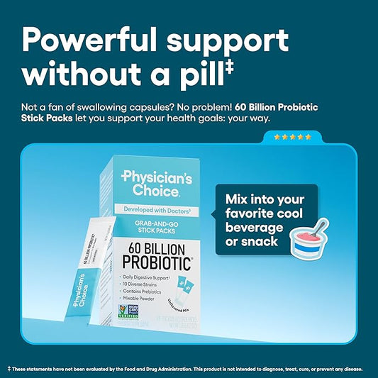 Physician’s Choice 60 Billion CFU Probiotic Stick Packs - 10 Strains + Prebiotics - Immune, Digestive & Gut Health - Supports Occasional Constipation, Diarrhea, Gas & Bloating - for Women & Men - 24CT