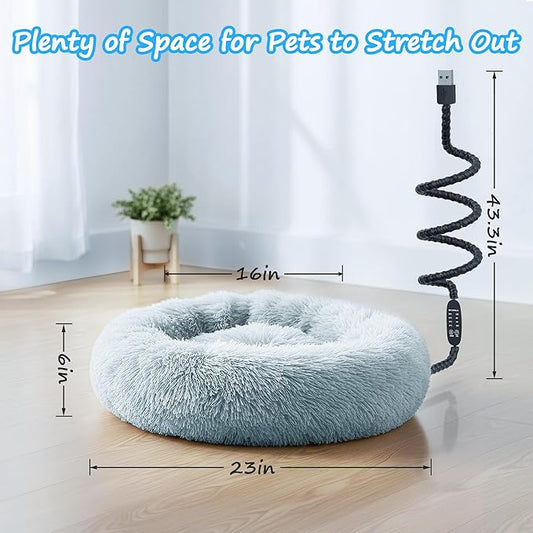 Heated Cat Bed for Indoor Cats, 23-inch Cozy Donut with USB Power, Adjustable Temperature & Timer, Machine Washable Cover for Small & Medium Cats (Light Gray)