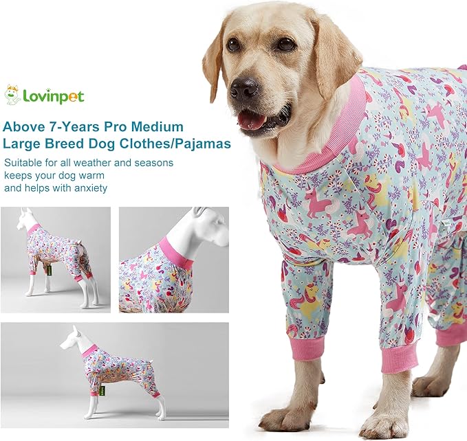 LovinPet Large Breed Dog Pajamas Onesie, Lightweight Stretchy Knit Dog Jammies, Unicorn Seafoam Print, Stop Shedding for Dogs, Pet Pajamas for Dogs, Pet PJ's, L