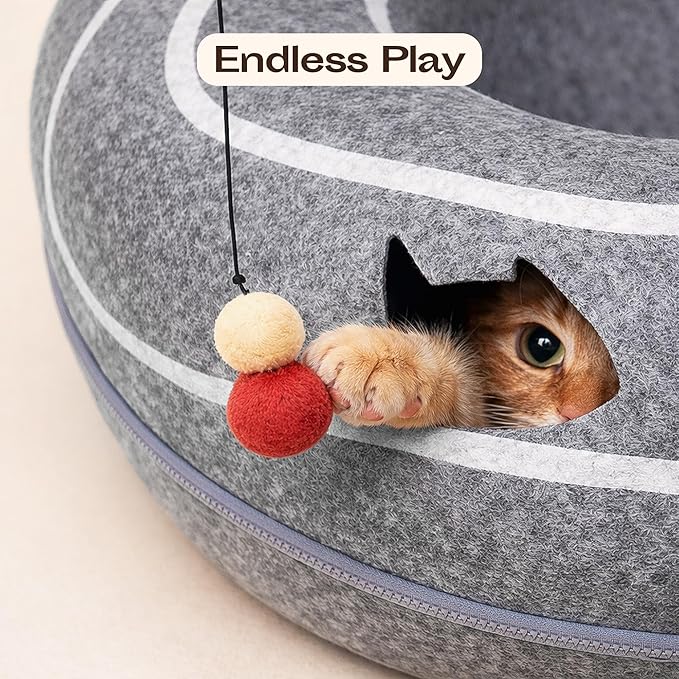 Meowfia Scratch-Resistant Felt Cat Cave – Donut Tunnel Bed Enclosure for Indoor Cats – Multi-Cat Hideaway in Cute Patterns (Light Grey)