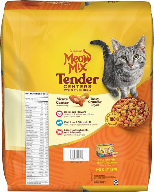 Meow Mix Tender Centers Salmon & White Meat Chicken Flavors Cat Food,3 Pound,Crunchy Outside Meaty Inside,(Pack of 8)