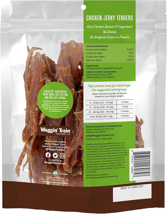 Waggin' Train Chicken Jerky Dog Treats, Made with 100% Real Chicken Breasts, Only Two All-Natural Ingredients, Great High Protein Dog Treat, Easily Digestible for Big or Small Dogs, 18 oz. Pouch