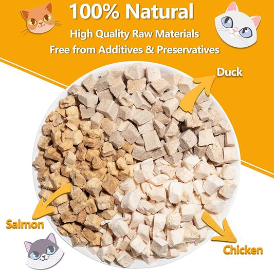 Freeze Dried Cat Food, 3 in 1 Natural Freeze Dried Meat - Chicken, Duck, and Salmon Recipe for Cats, Grain-Free Protein Rich Cat Kitten Food 5.7oz
