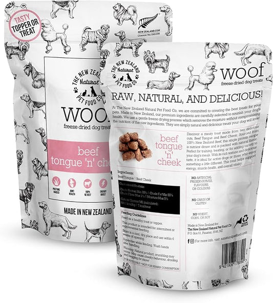 The New Zealand Natural Pet Food Co. WOOF Freeze Dried Dog Treats – Beef Tongue ’n’ Cheek, High Protein, Collagen Rich, Topper or Treat – 1.76 oz