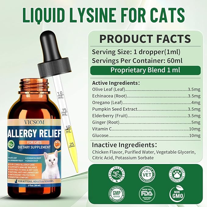 Cat Allergy Relief for Cats, Seasonal Skin Allergy Relief for Cats Itchy Skin, Paws, Eyes, Ears, Stop Licking & Scratching, Calms Dry Skin, Matted and Shedding Fur, Cat Immune Support, 60ml