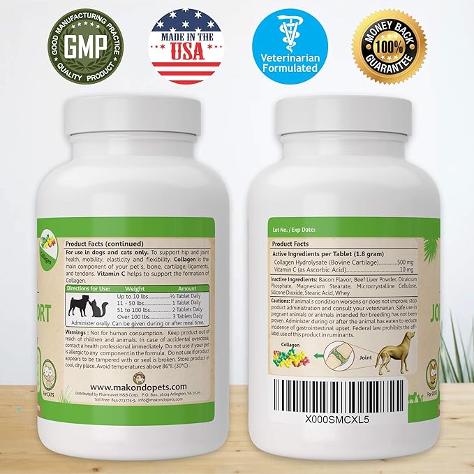 Collagen for Dogs & Cats - Collagen Supplements for Joint Health - Vitamin C Supplement for Joint Mobility - Joint Support Supplement for Dog & Cats - Bacon Flavored Tablets (2 Pack, 120 Tabs)