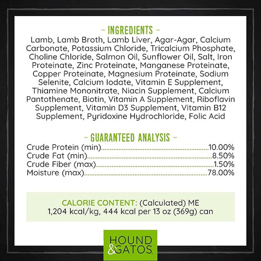 Hound & Gatos Wet Dog Food, 98% Real Meat, Single Protein Lamb Recipe, Supports Digestive Health, High Protein, Limited Ingredients, Grain Free, 13 oz. Cans (Pack of 12)