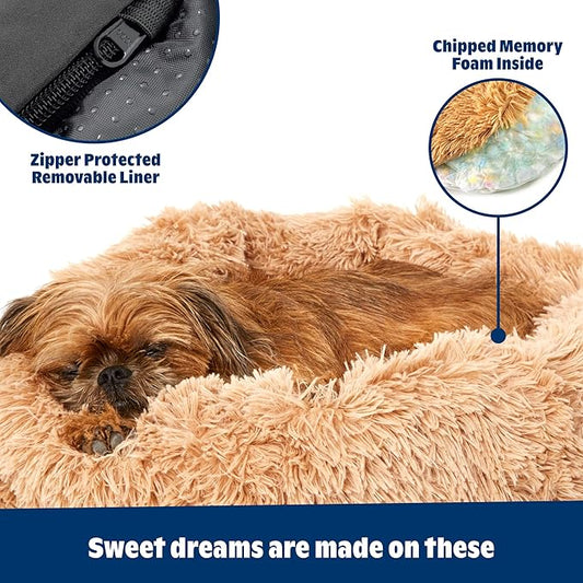 Barkbox Dog Bed, 2-in-1 Memory Foam Donut Cuddler Dog and Cat Bed, Calming Orthopedic Joint Relief Fur Crate Lounger for Pets, Machine Washable + Removable Cover, Waterproof Lining, Includes Toy