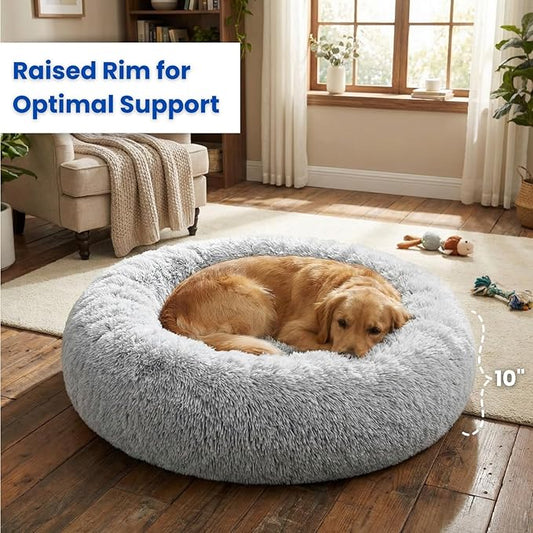 Calming Pet Bed with Water-Resistant Inner Liner – Anti-Anxiety Donut Dog & Cat Bed with Removable Washable Cover – Supportive Plush Nest, Non-Slip & Cushion Protection – Large, Grey