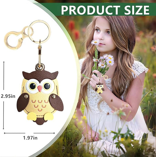 Leather Keychain Holder Case Compatible with AirTag,Cute Protective Cover with Keyring,Anti-Scratch Finder GPS Tracker Case for Wallet Keys,bag,pets,Backpack(Owl Brown)