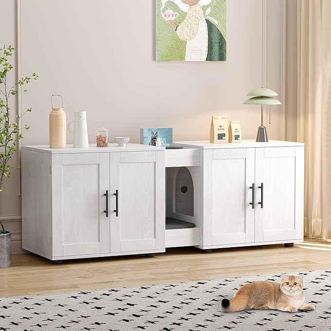 GAOMON Litter Box Enclosure with Double Cage, Cat House,Hidden Litter Box Enclosure Furniture for 2 Cats, Wooden Enclosed Cat Litter Box Furniture,55”L x 17.7”W x 22.5”H,White
