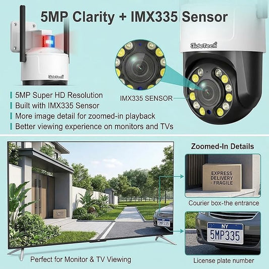 JideTech 5MP PTZ WiFi Security Camera Outdoor, 5X Optical Zoom, Dual Band 2.4G 5G Wireless, Red Blue Warning Light, Color Night Vision, Auto Tracking, Human Vehicle Detection, NVR Compatible