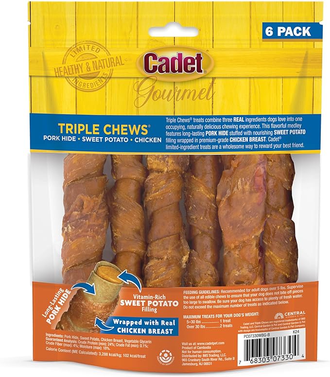 Cadet Gourmet Triple Chews Long-Lasting Pork Hide Sticks with Sweet Potato and Chicken, Healthy Dog Treats for Small & Large Dogs, 6 Count