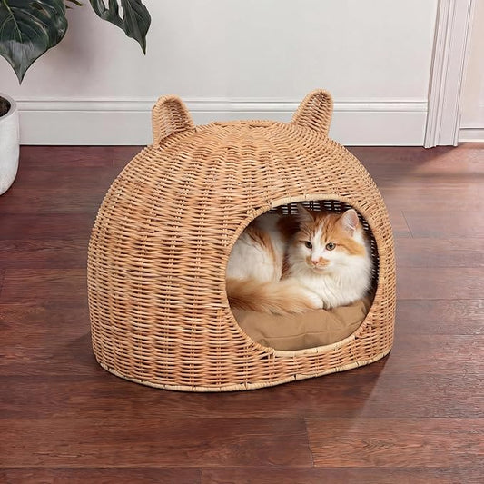CBD1000B Cat Ear 20" x 14.5" Handwoven Water Hyacinth Pet Bed, Wicker Cat Hideaway Dome with Machine-Washable Cushion, Coastal Woven Pet House for Cats and Small Dogs, Light Brown