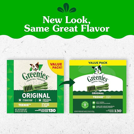 Greenies Veterinarian-Recommended Adult Natural Dental Dog Treats Teenie Size, Dog Dental Chews, Original Flavor, 36 oz. Pack, 130 Count