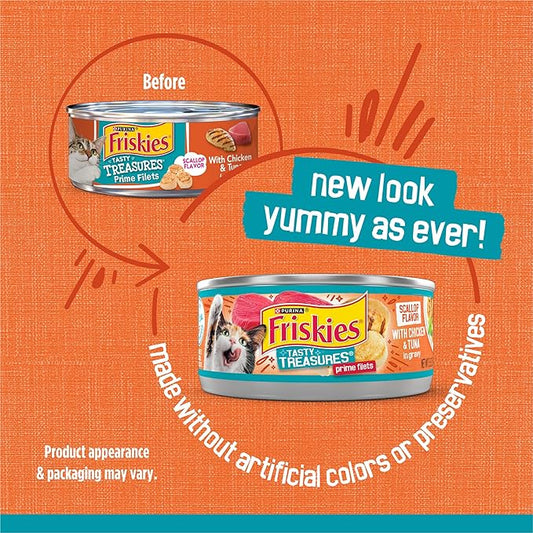 Friskies Purina Wet Cat Food Tasty Treasures with Chicken and Tuna in Gravy (Scallop Flavor) - (Pack of 48) 5.5 oz. Cans