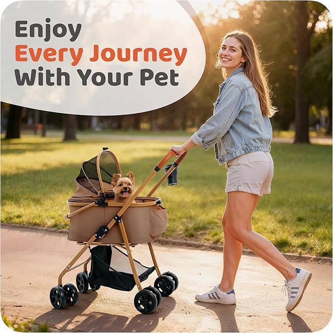 Pet Stroller for Small Medium Dogs & Cats โ 2-in-1 Detachable Carrier, Zipperless Entry, Lightweight Folding Travel Stroller with Storage Basket, Cup Holder, Brown