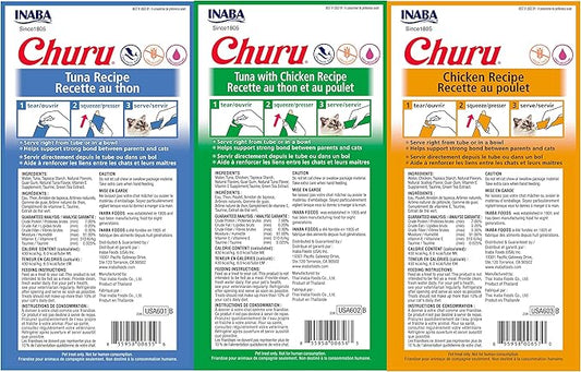 INABA Churu Lickable Purée Natural Cat Treats Tuna & Chicken 3 Flavor Assortment of 12 Tubes